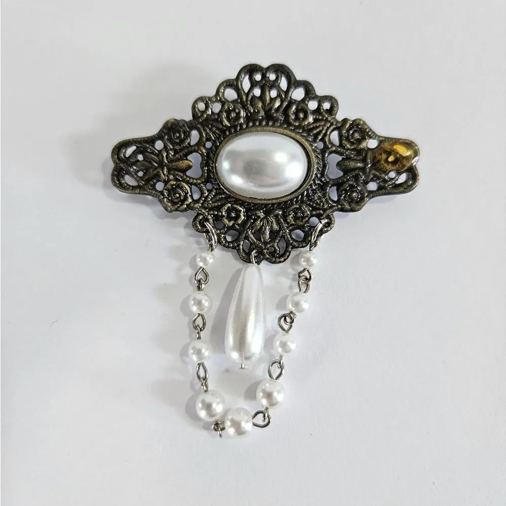 Vintage Faux Pearl Teardrop Filigree Dangle Chains Victorian Style Brooch Pin